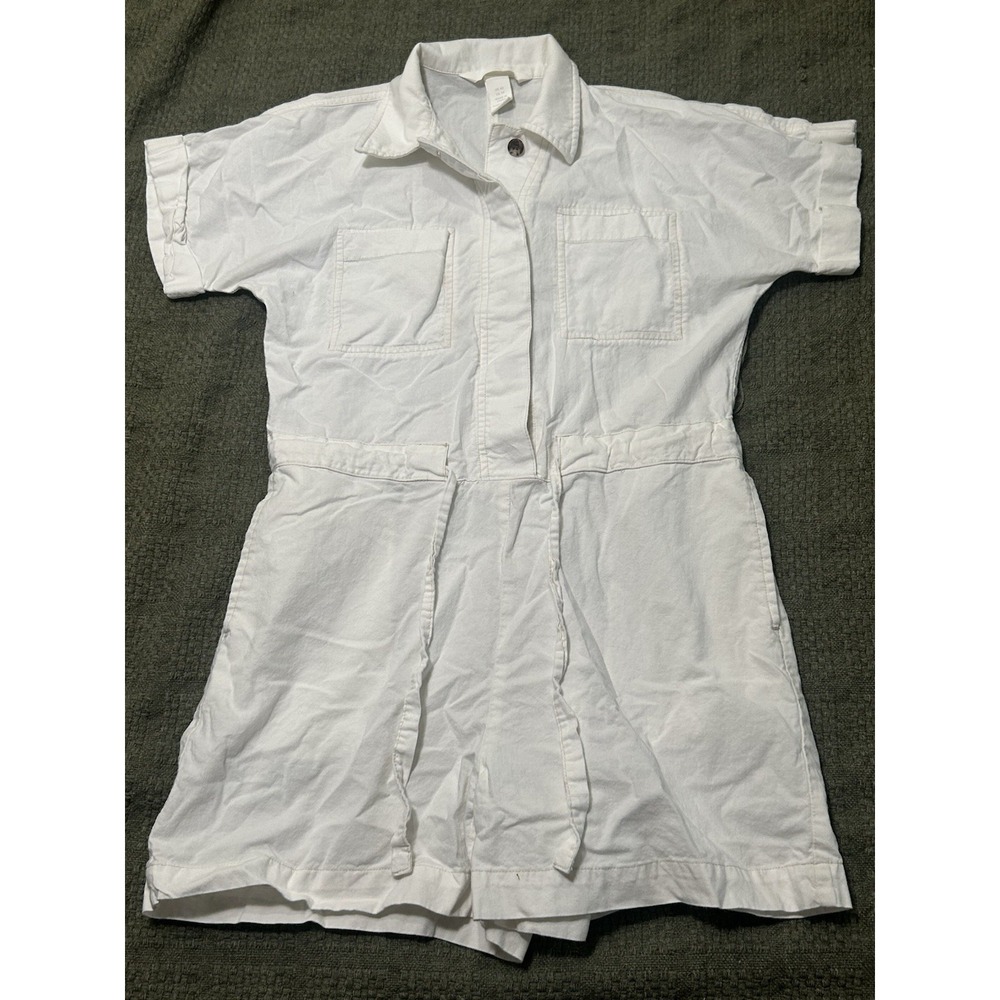 H&M Utility Romper White Cotton Twill Drawstring Waist Short Sleeve. XS